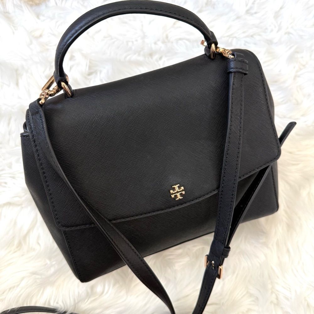 Tory Burch Saffiano Black Leather Top Handle Crossbody Bag